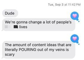 Text message from Enrico about content ideas pouring out