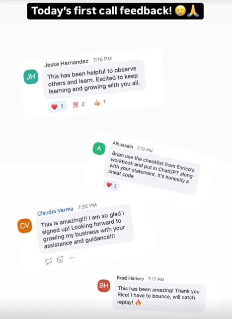 Community comments from the first call, full of praise
