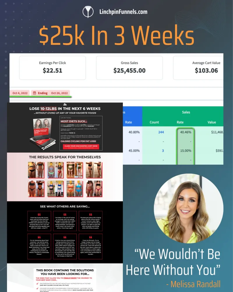 Weight loss ebook funnel with its earnings dashboard