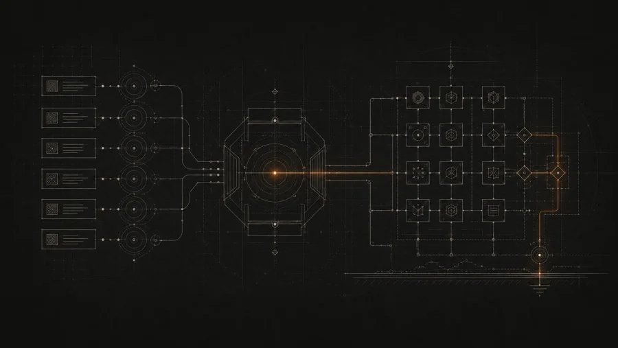 Inputs feeding a core that drives a grid of modules to one lit output