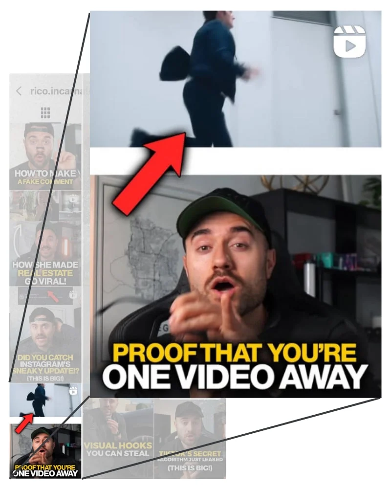 Enrico's content grid, every post pointing back to One Video Away