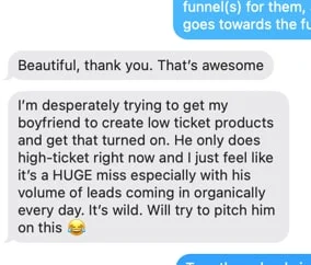 Text message from Melissa about Enrico needing low ticket products