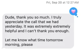 Text message from Enrico thanking James after the pivot call
