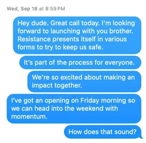 Text conversation about resistance before launching
