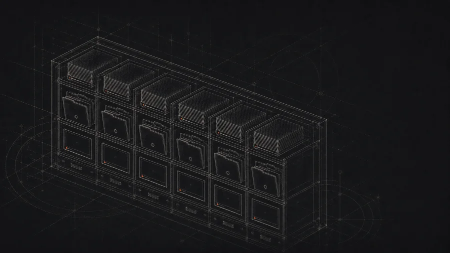 A blueprint of an archive cabinet packed with stacked files and folders
